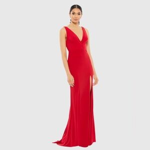 Mac Duggal Red Sleeveless V Neck Jersey Gown